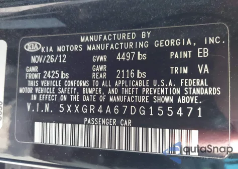 2013 Kia Optima Sx z USA, uszkodzony, nr VIN 5XXGR4A67DG155471